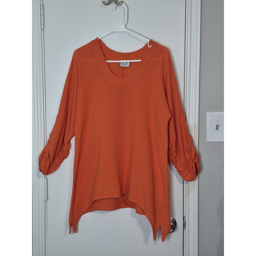 Oh My Gauze Top Womens S/M Orange  Ruched Sleeves Asymmetrical Lagenlook Resort